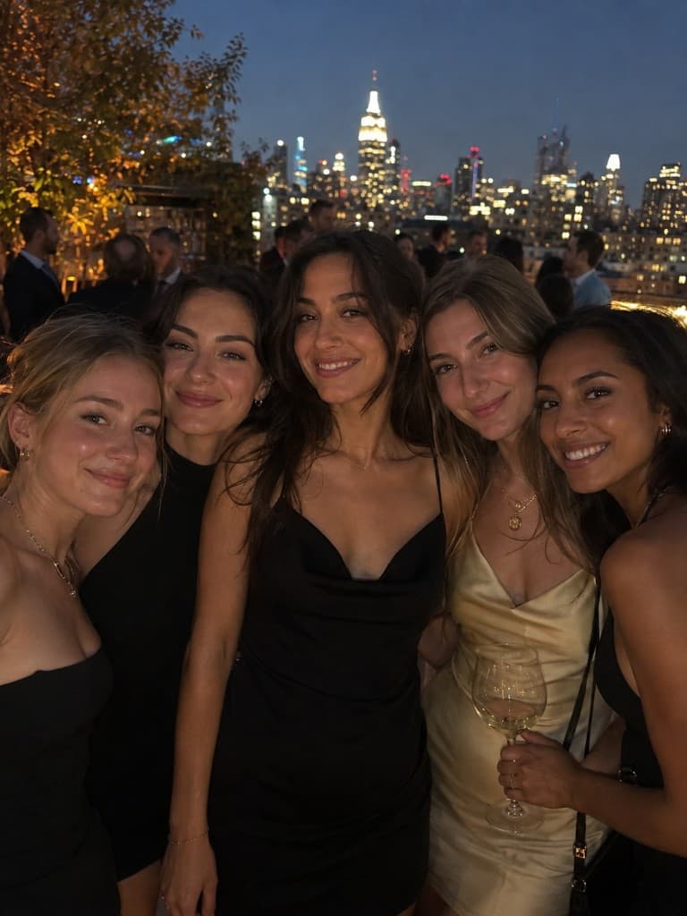 Friends at a NYC rooftop party — center in a simple black slip dress